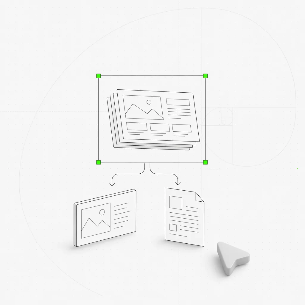 Un deck di diapositive finito che si solleva dal canvas e si divide in un file PPTX e un file PDF, i due file di output incorniciati dentro una casella di selezione verde su uno sfondo editoriale quasi bianco