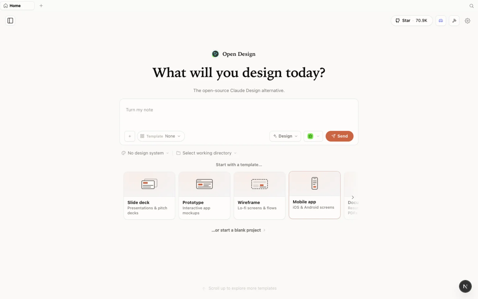 The Open Design workspace — what you land on after install.