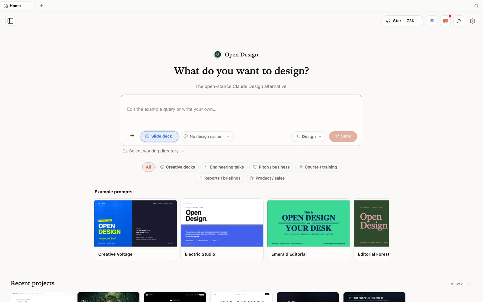 Der Slide-Deck-Modus in Open Design mit Beispiel-Decks.