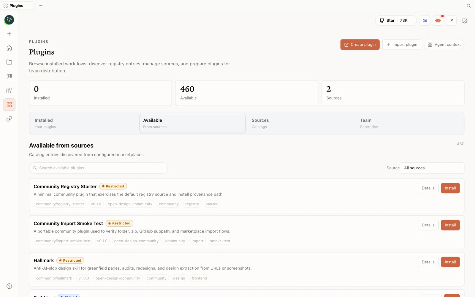 Die Plugin-Bibliothek von Open Design mit installierbaren Skills.